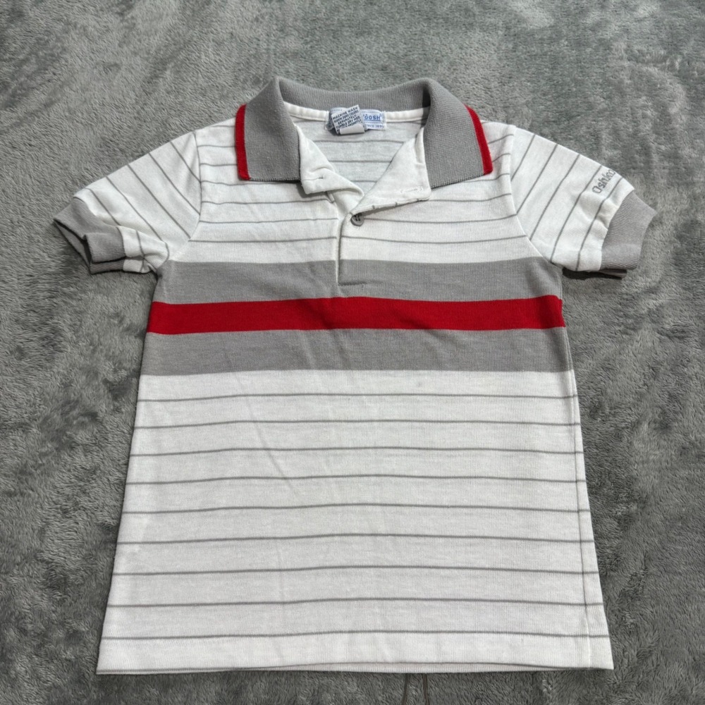 VTG 90s OshKosh Bgosh Kids Striped Polo Shirt White Grey Red Size 5 Made in USA
